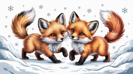Fototapeta premium A charming illustration of two small foxes with fluffy winter coats playing together in fresh snow