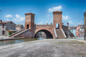 View over the Trepponti Bridge, iconic landmark in Comacchio, Italy