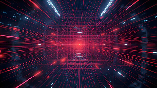 Futuristic neon grid tunnel with red and blue light streaks