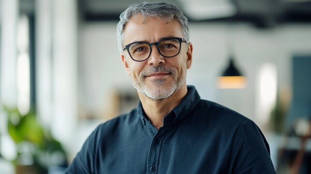 Confident mature businessman with glasses smiling gently in modern office setting, portraying experience and reliability for corporate leadership roles