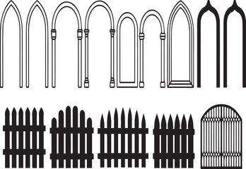 Black and white line art of gothic arches and picket fences pointed arch arched doorway