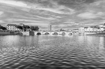 View over the Bridge of Tiberius, landmark in Rimini, Italy