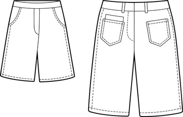 Bermuda and Mid-Length Shorts Technical Drawing with Pockets, Belt Loops, and Topstitching Details.