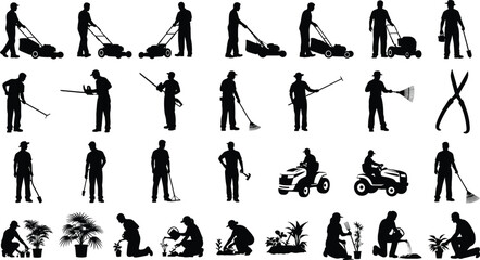 Black Silhouette Set of Gardeners and Landscapers with Gardening Tools, Lawn Mowers, Rakes, Hedge Shears, and Planting Activities Vector Illustration.
