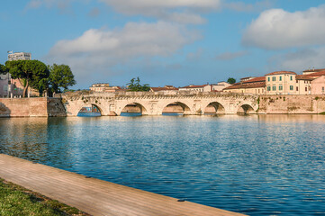 View over the Bridge of Tiberius, landmark in Rimini, Italy