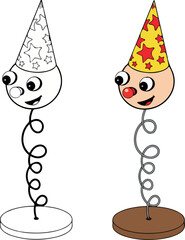 Cartoon Clown Spring Toy Two Versions: Color and Black and White | Children's Game Illustration for Party Invitations and Educational Materials