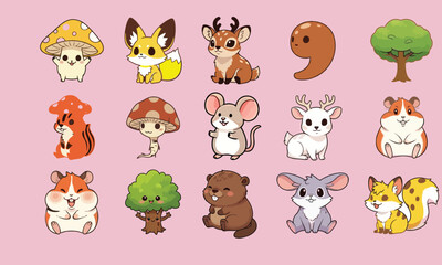 Woodland Animals Cute Cartoon Pack | Vector Clipart Stickers