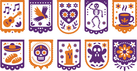 Colorful Mexican papel picado banner set featuring sugar skulls, candles, skeletons, guitar, flowers and festive symbols for Día de los Muertos celebrations