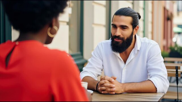 Two friends chat at a sidewalk cafe in summer. A happy conversation over coffee. Social gathering, urban lifestyle, friendship.