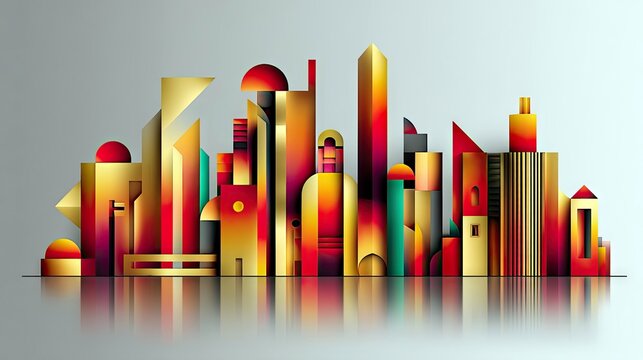 A stylized cityscape composed of geometric shapes in vibrant red, gold, and teal, with a reflection on a mirrored surface.
