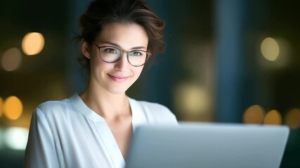 Professional woman attending online webinar in office setting - Powered by Adobe