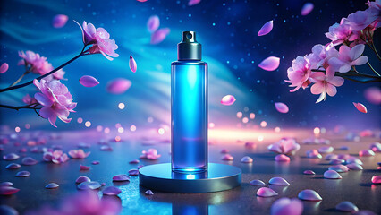 Perfume bottle with sakura blossom background. 3D rendering