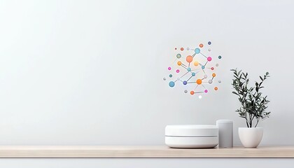 A colorful abstract molecular structure is displayed on a white wall, accompanied by a potted plant and minimalist white objects on a wooden shelf.