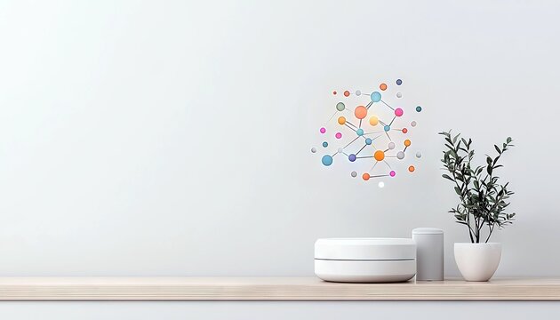 A colorful abstract molecular structure is displayed on a white wall, accompanied by a potted plant and minimalist white objects on a wooden shelf.