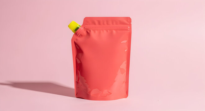 Bright pink spouted standup pouch with yellow cap displayed against pastel pink backdrop