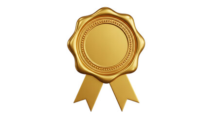 Elegant 3D rendering of a shiny gold wax seal with ribbons, a symbol of quality and guarantee isolated on a white background