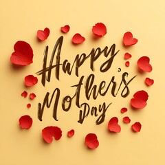 Happy Mothers Day text with red heart shaped flower petals on yellow background celebration greeting