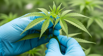 Gloved hands carefully inspect a vibrant plant seedling in a controlled growth environment