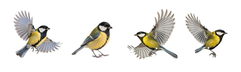 Great tit in various poses, including flying and perching, natural, wild animals, transparent background