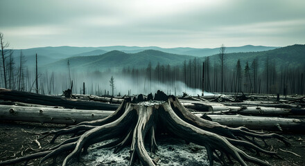 Burnt tree stump sits among fallen logs in a desolate forest landscape after wildfire