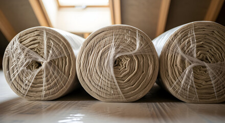 Three rolls of beige fabric wrapped tightly in plastic sitting indoors under a skylight