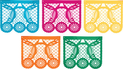 Set of colorful Mexican papel picado banners with traditional cut-out designs, perfect for Día de los Muertos, fiesta decorations and festive artwork