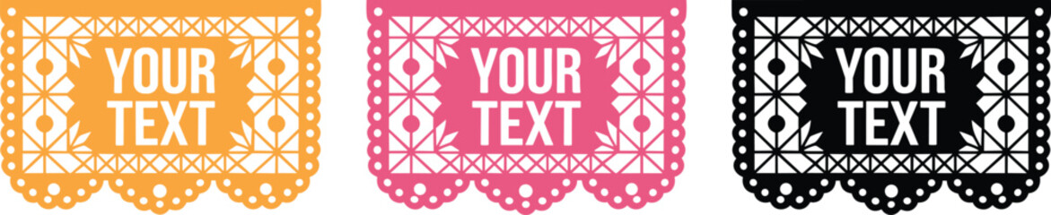 Set of editable Mexican papel picado banners with customizable text area, perfect for fiesta invitations, Día de los Muertos and festive decorations