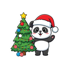 Cute panda wearing santa hat waving hand next to christmas tree isolated