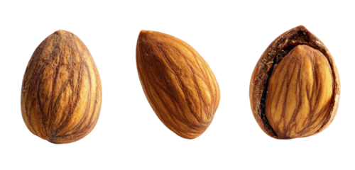 Three whole almonds, one split open,  close-up view