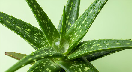 Aloe vera plant displaying water droplets on leaves in a soft green environment indoors