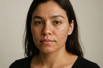 Young woman with skin imperfections looking directly at camera in a neutral environment