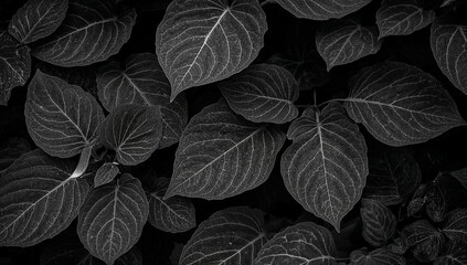 Intricately veined leaves in grayscale close up