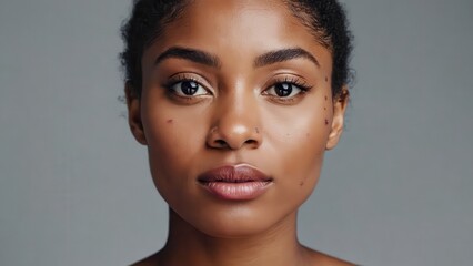 Woman with dark skin and brown eyes poses in front of a neutral gray background studio