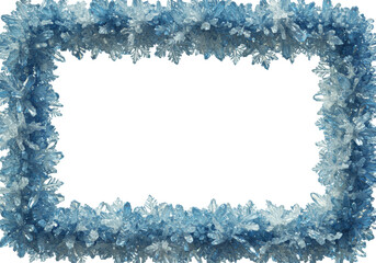 photorealistic rectangular ornamental frame composed of intricate, densely packed icy blue and white crystalline snowflakes and frost, isolated on a transparent background. Winter elegance concept