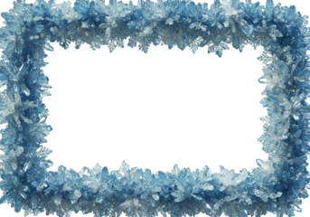 photorealistic rectangular ornamental frame composed of intricate, densely packed icy blue and white crystalline snowflakes and frost, isolated on a transparent background. Winter elegance concept