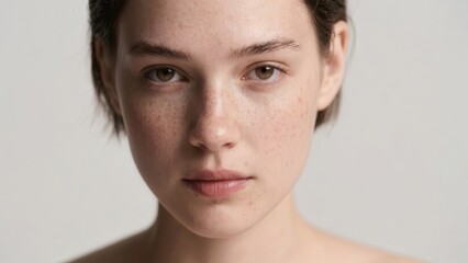 Young woman with short hair and freckles looking directly at the camera in a studio setting