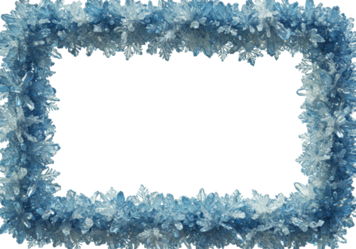 photorealistic rectangular ornamental frame composed of intricate, densely packed icy blue and white crystalline snowflakes and frost, isolated on a transparent background. Winter elegance concept