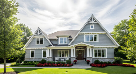 Large gray house with gabled roof stands on green lawn under cloudy sky during daytime
