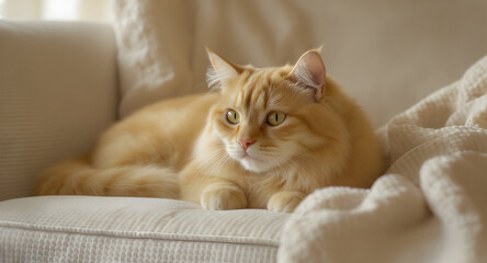 Ginger cat resting comfortably on a white sofa with a soft blanket in a cozy living room