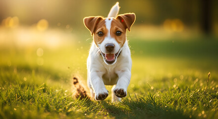 Happy dog with white and brown fur running through green grass in a sunny outdoor setting