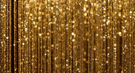 Golden beaded strands hanging vertically create a shimmering curtain for festive events