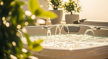 Outdoor hot tub with bubbling water jets surrounded by green plants on a sunny day