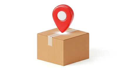 Delivery tracking and location pin on a cardboard box, representing logistics and shipping services