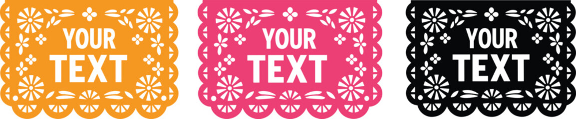 Set of editable Mexican papel picado banners with customizable text area, perfect for fiesta invitations, Día de los Muertos and festive decorations