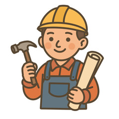Hand draw builder cartoon character with hammer