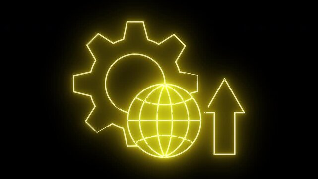 Neon yellow outlines a gear globe and upward arrow against a black background