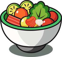 Cartoon bowl full of diverse fresh fruits and vegetables