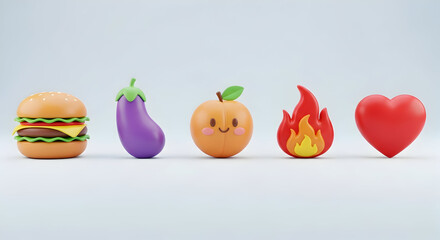 Cute 3D rendered icons of a burger eggplant peach fire and heart colorful and playful design elements isolated on a white background