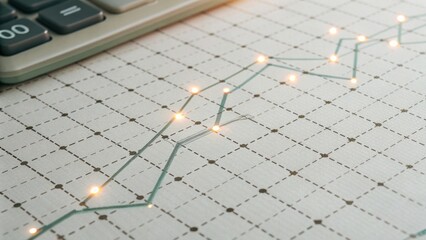 Income Tax Overview Concept. Data visualization with a calculator on a grid pattern highlighting a growth trend.