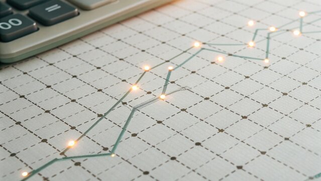 Income Tax Overview Concept. Data visualization with a calculator on a grid pattern highlighting a growth trend.